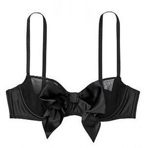 Victoria's Secret Wicked Unlined Sheer Black Satin Bow Balconette Bra 32F 32DDD